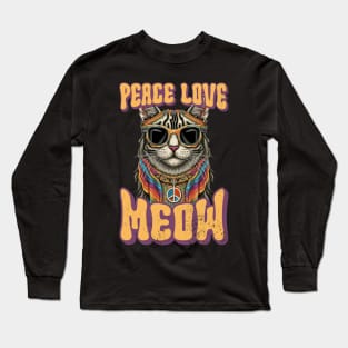 Peace Love Meow, Retro Groovy Style Hippie Cat Lover Design Long Sleeve T-Shirt